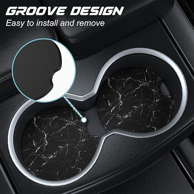 Car Cup Holder Coasters, 2 Pack Universal Auto Anti Slip Insert Coaster with A Finger Notch, Cute Car Assecories for Women Men, Cup Mat for Most Interior, Black Marble