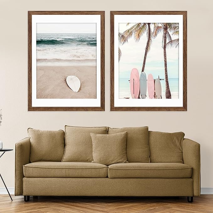 22x28 Frame Set of 2, Rustic Brown Wood Style - Display 18x24 Picture Frame with Mat or 22 x 28 Poster Frame without Mat, Wall Mounting Horizontal and Vertical