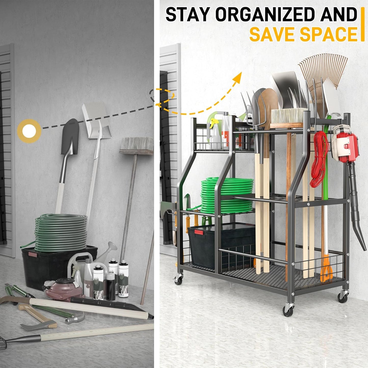 Ultrawall Garden Tool Organizer, Yard Tool Storage Rack for Garage Organization with Lockable Wheels, Garden Tool Stand for Rake, Brooms, Indoor & Outdoor Use
