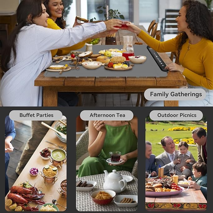Food Warming Mat Electric Tray: Adjustable Silicone Heating Pad with 3 Temperature Settings 4 Timer Function Portable Roll Up Hot Plate for Buffets Party Gatherings Kitchen Countertop Black Gray