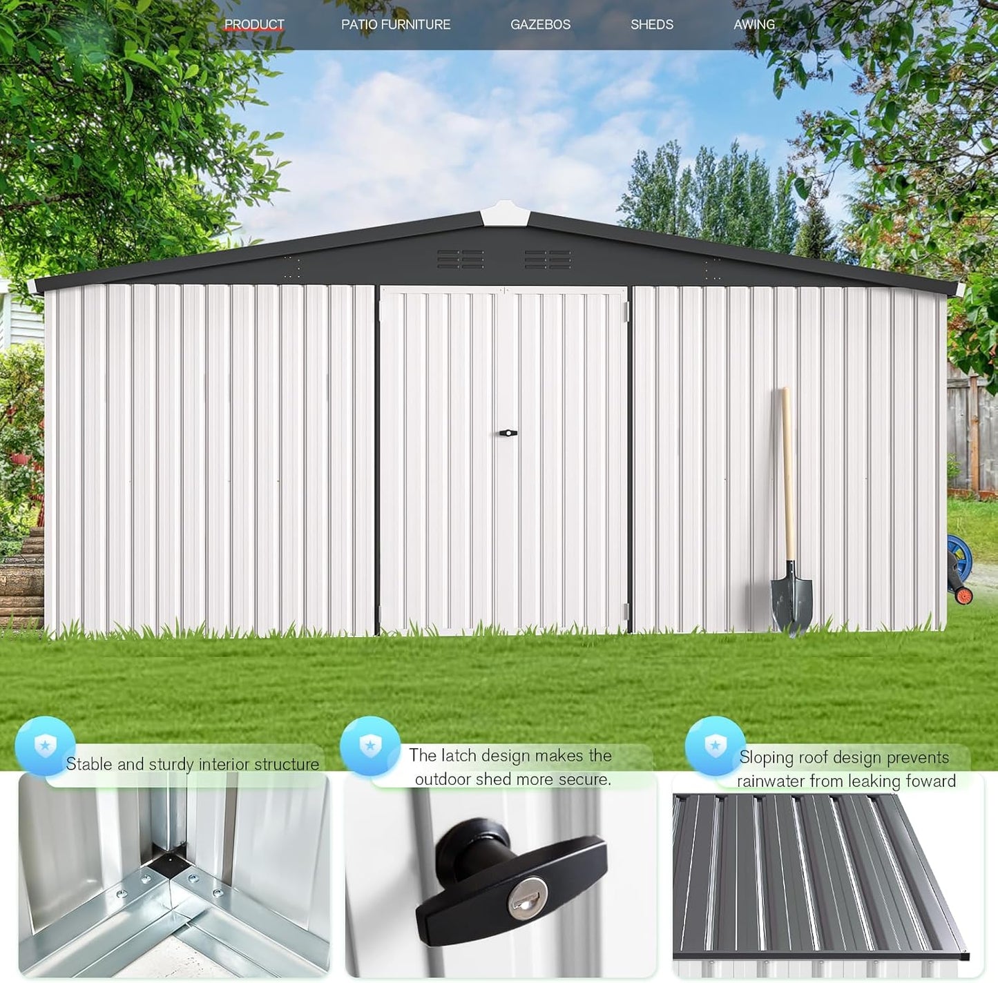 U-MAX Storage Shed 14x12 Outdoor Shed, Large Metal Outside Storage Garden Sheds & Outdoor Storage Shed Clearance, 12x14 Tool Shed Outdoor Storage Lockable for Backyard, Patio and Outside Use in White