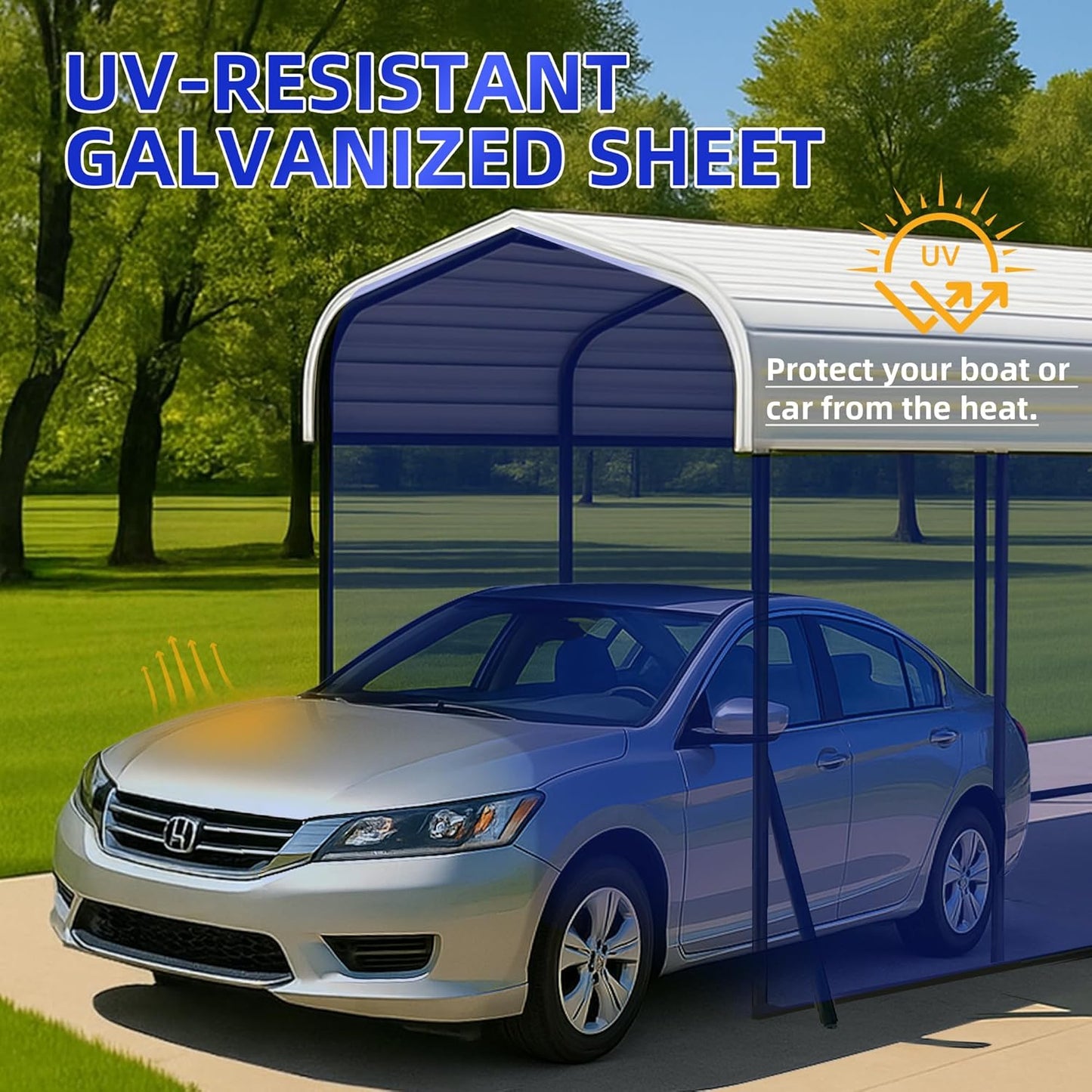 12x20 Metal Carport with Base Fixings Heavy Duty Garage Outdoor Chrome Plated Frame and Sheet Metal Construction Suitable for Boats, Cars, Tractors and Agricultural Equipment, White