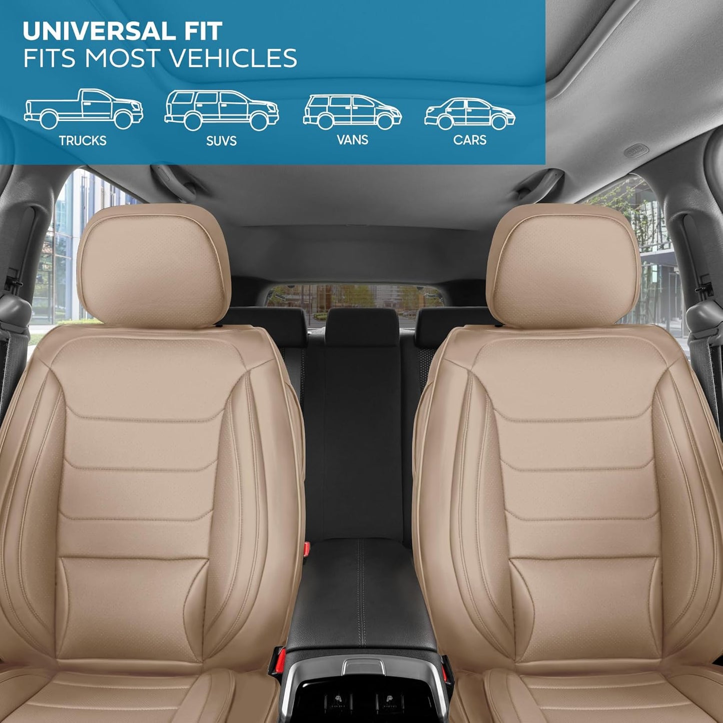 Elite Edition Faux Leather Seat Covers for Cars, Trucks, & SUV - 2 Beige Car Seat Covers for Front Seats - Universal Fit Car Accessories Automotive Interior Cover Protector for Most Vehicles