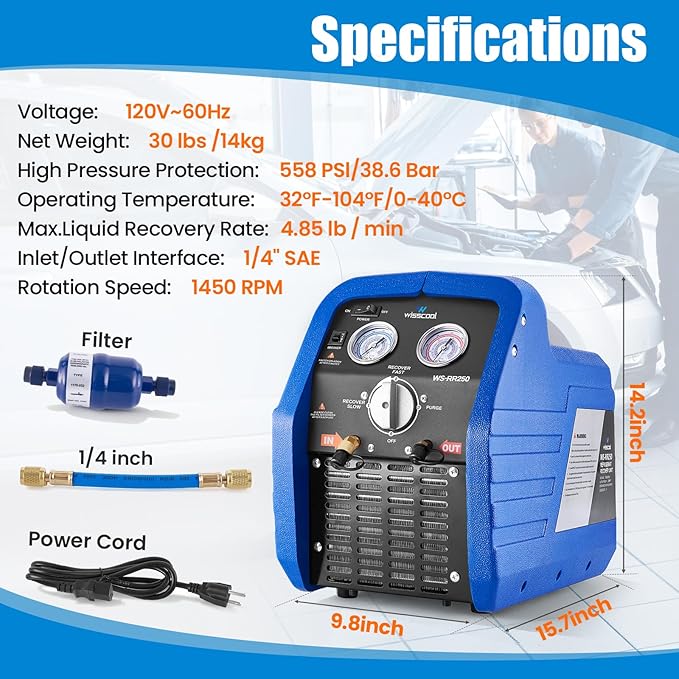 3/4 HP Refrigerant Recovery Machine, 60Hz Portable Freon Recycling Unit HVAC Oil-Less Self-Cleaning Recovery Machines for Vapor Liquid Refrigerant Household Car Air Conditioning