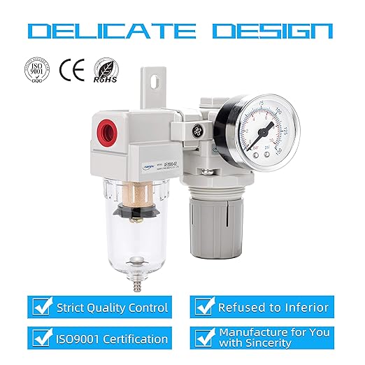 NANPU 1/4" NPT Compressed Air Filter Regulator Combo Piggyback, 5 Micron Element, Poly Bowl, Semi-Auto Drain, Bracket, Gauge (ARF2000)