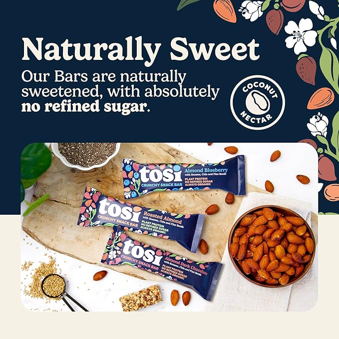 Tosi Almond Variety Pack Protein Bars, Plant Based with Nuts, Gluten-Free Crunchy Snacks, Vegan, Organic, Flax & Chia Seeds, Soy-Free, Omega 3s, 5G Protein, 1 oz, 12-Pack
