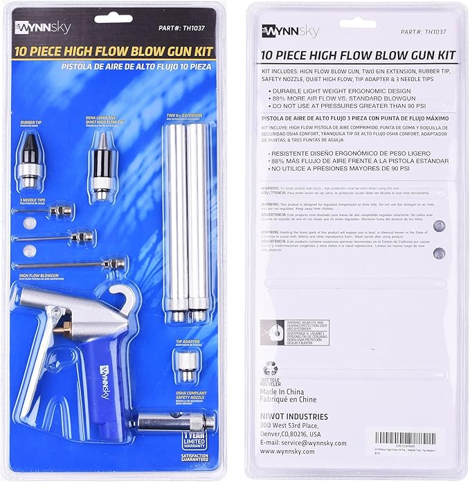 WYNNsky High Flow Air Blow Gun with 9 PCS Blower Tips, 6 inch Extensions, Needle and Rubber Tip, Xtreme Flow Nozzle, Adaptor, 120PSI Working Pressure, Air Compressor Accessories Kit, Cleaning Air Tool