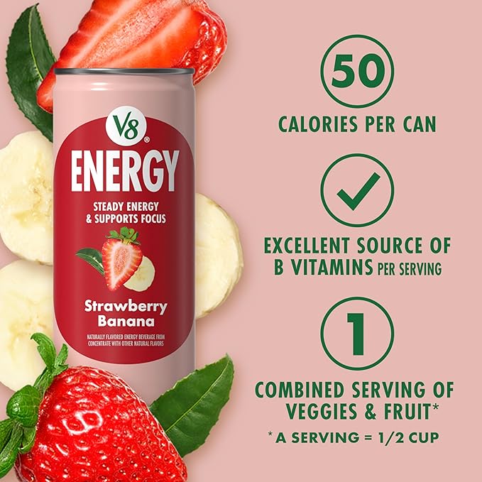 V8 +ENERGY Strawberry Banana Energy Drink, Made with Real Vegetable and Fruit Juices, 8 FL OZ Can (Pack of 6)