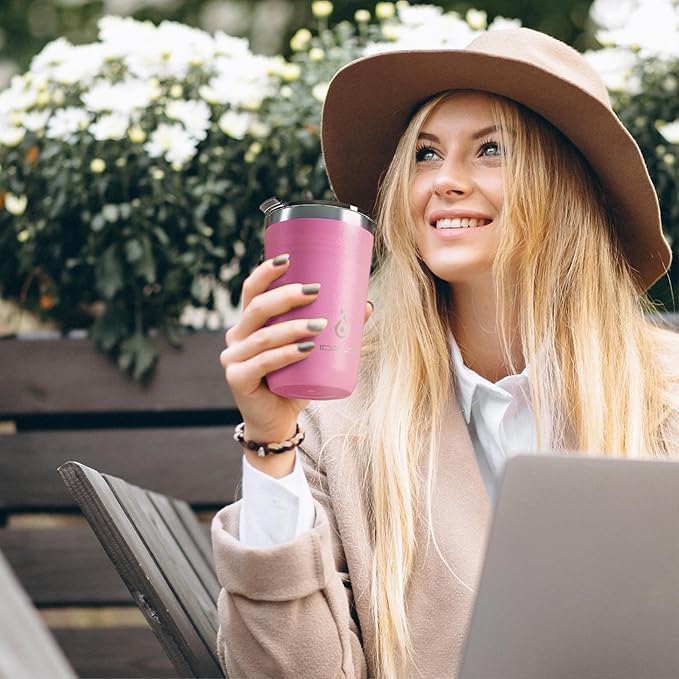 Ideus 20 oz Tumbler, Travel Coffee Mug with Splash Proof Sliding Lid, Double Wall Stainless Steel Vacuum Insulated Coffee Mug for Home and Office, Keep Beverages Hot or Cold, Pink
