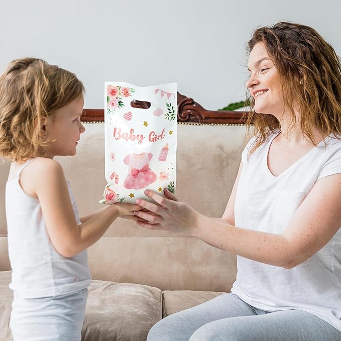 50Pcs Pink Floral Baby Shower Party Favor Bags, A Sweet Baby is on Her Way Goody Treat Bags, It's a Girl Pink Plastic Candy Gift Pack Party Supplies Decoration