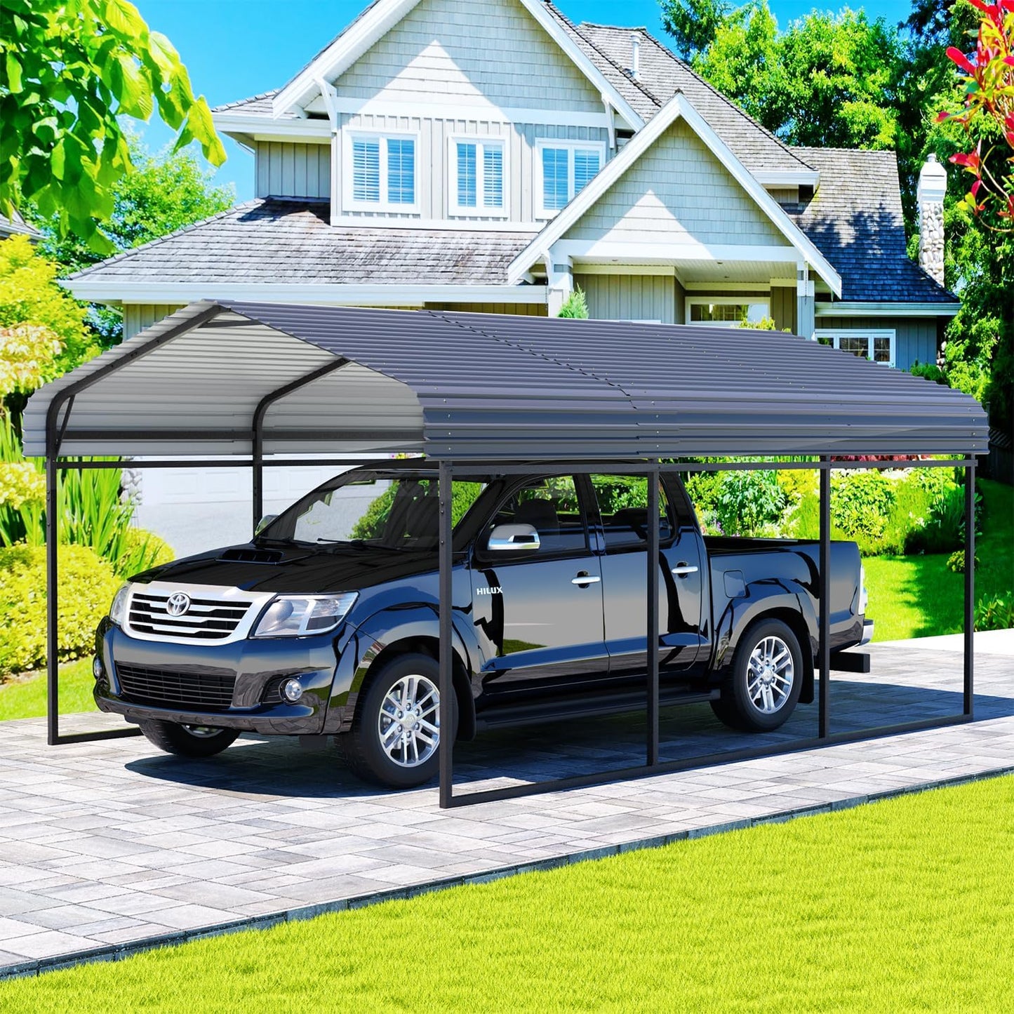 EBE 10 x 15 FT Outdoor Carport, Heavy Duty Metal Carports with Galvanized Steel Roof, Carport Canopy Garage Shelter Shade for Car, SUV, Truck, Boats and Tractors