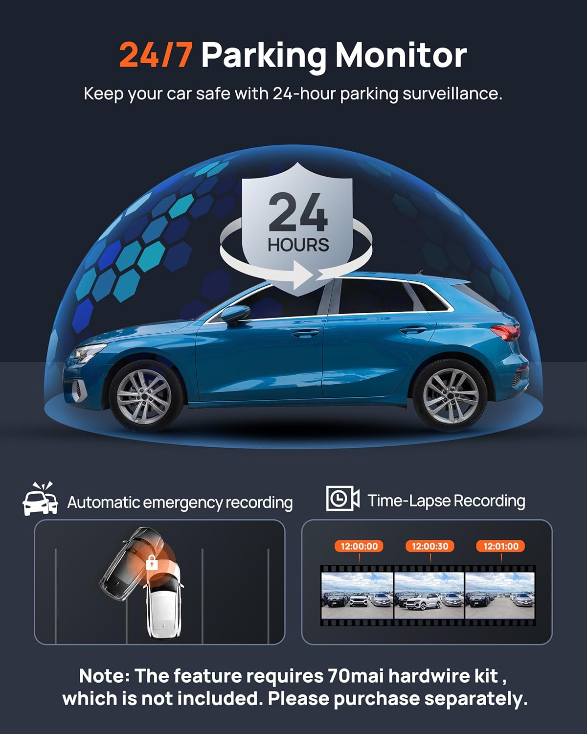 70mai 2.7K Dash Cam Front and Rear A500S, Dual Dash Camera for Cars, Dashcam with APP, Sony IMX335, ADAS, Built-in WiFi GPS, 2'' IPS Screen, WDR, Night Vision, 24/7 Parking Mode, Loop Recording