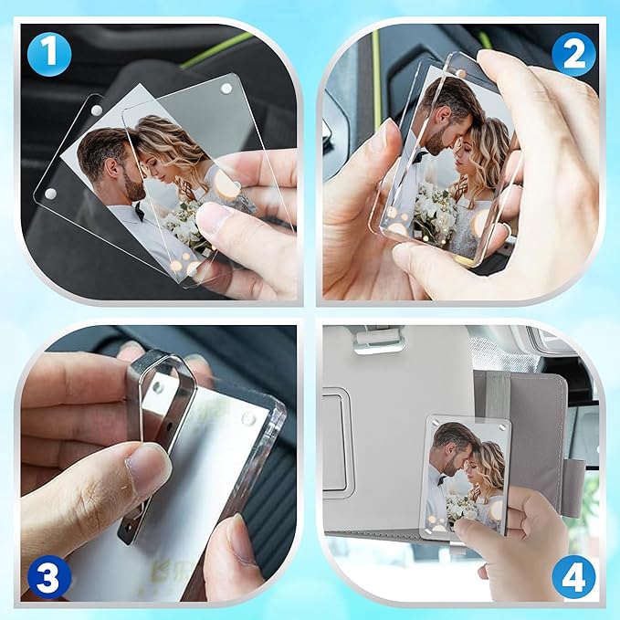 4Pcs Car Photo Holder, Acrylic Magnetic Personalized Car Picture Holder, Car Visor Clip, Universal Photo Frame for Car, Customizable Car Visor Photo Clip for Family & Personal Photos