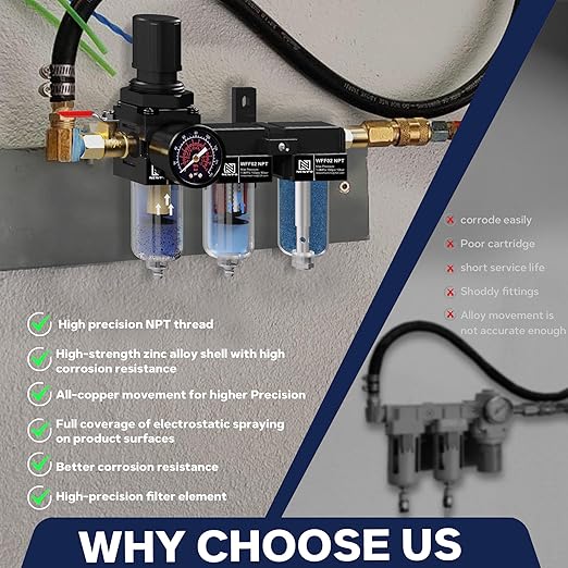 NEWPO 1/4" NPT Three Stage Air Drying System,air Pressure Regulator with 5&0.01 Micron Filter Cartridge,Desiccant Dryer & Air Compressor Dryer, Metal Bowl Semi-Auto Drain