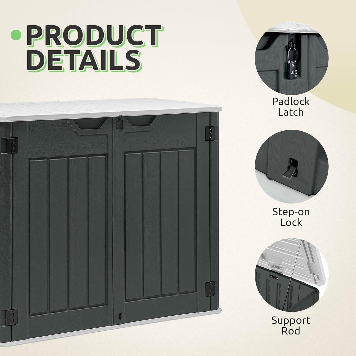 GOOBED 4.5x4ft Outdoor Horizontal Resin Storage Shed, 47 cuft Large Waterproof Tool Shed, No Shelf Included, Lockable, Easy Assembly (Dark Gray)