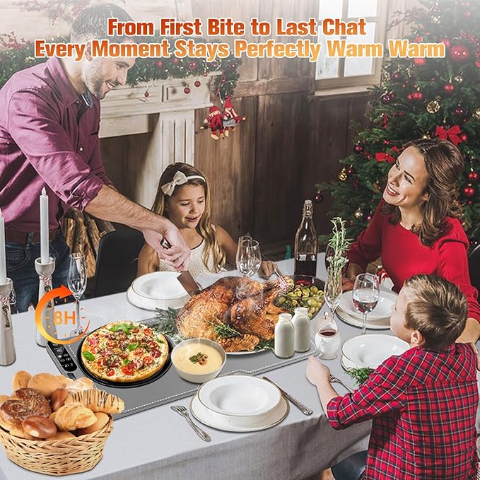 Warming Mat for Food Extra Large, Electric Warming Tray, 15"x31.5" Silicone Heating Mat with 7 Level Adjustable Temp and 8 Hours Timer, Food Warmer for Parties Buffet Home Travel, Dark Gray