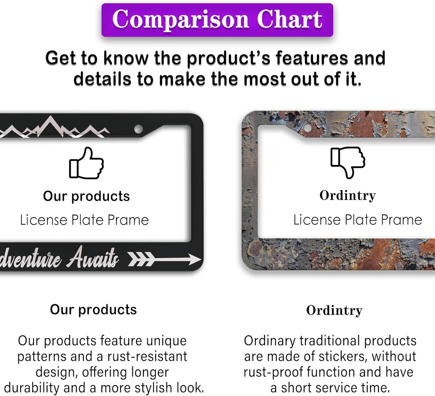 License Plate Frames Black and White Custom License Plate Frame Adventure Awaits Aluminum Metal Car Accessory 2 Pack with Screw Covers Set