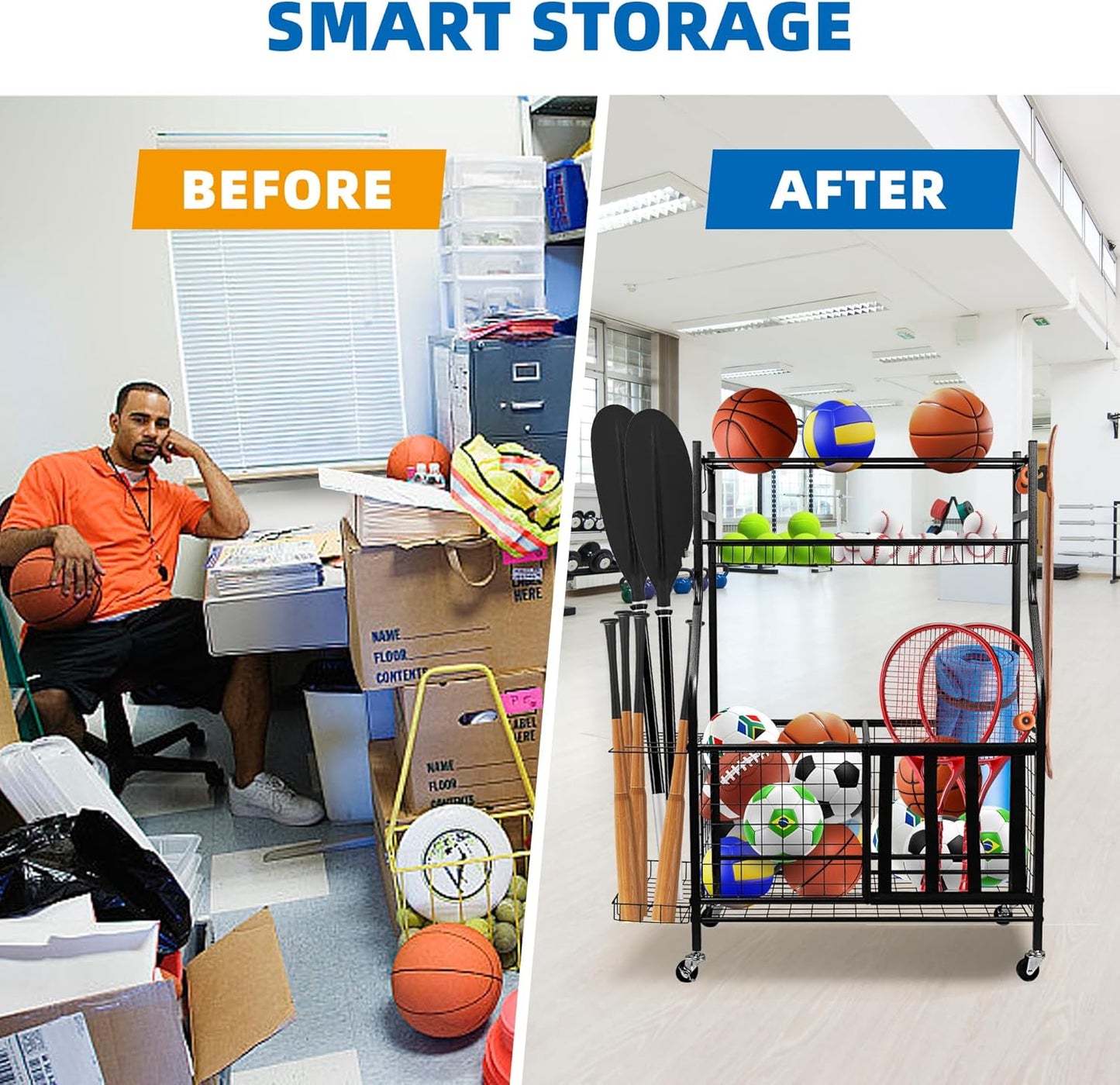 Garage Sports Equipment Organizer, Ball Storage Rack,Garage golf Organizer with Basket and Hooks,Rolling Sports Ball Storage Cart for Toy Gear Storage (45.71 inch)