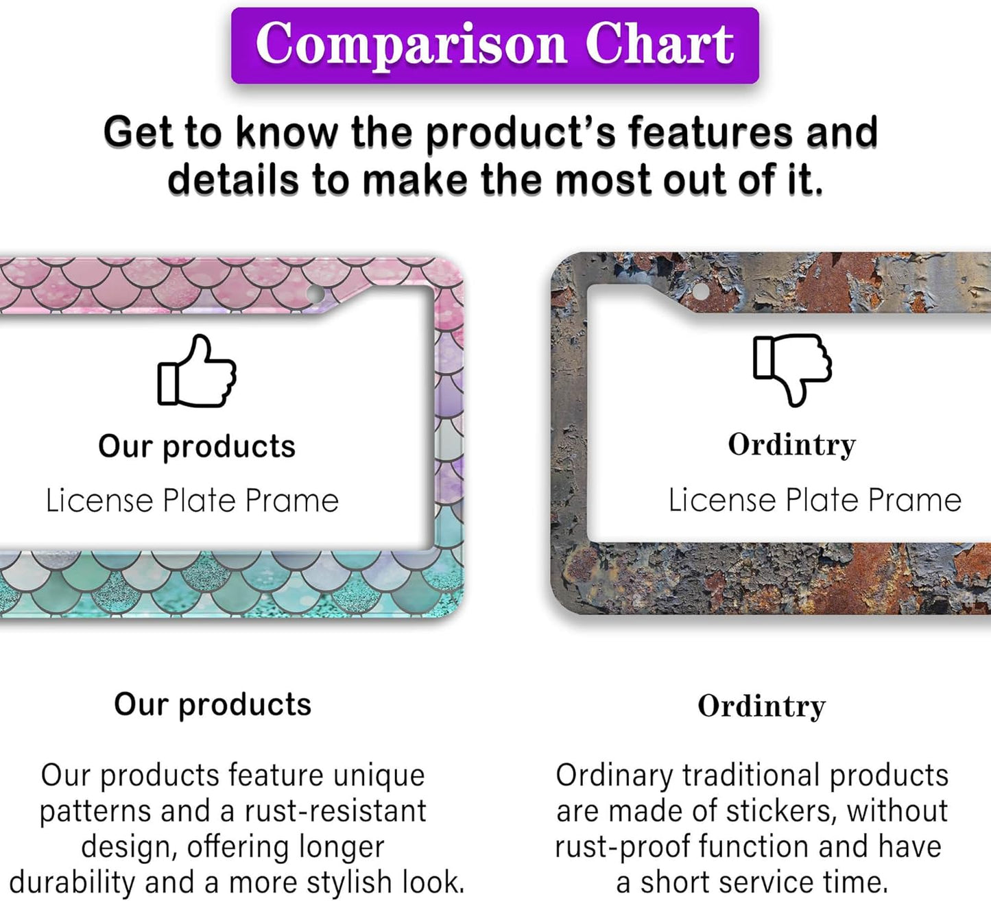 License Plate Frame Holder Pink License Plate Frames for Women Ombre Mermaid Scales Women Aluminum Metal Car Accessory 2 Pack with Screw Covers Set