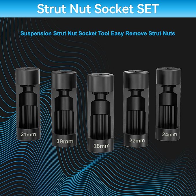 Suspension Strut Socket Tool,5PC Strut Nut Socket 18mm 19mm 21mm 22mm 24mm with 12 Point 1/2" Drive, Easy Remove Strut Nuts