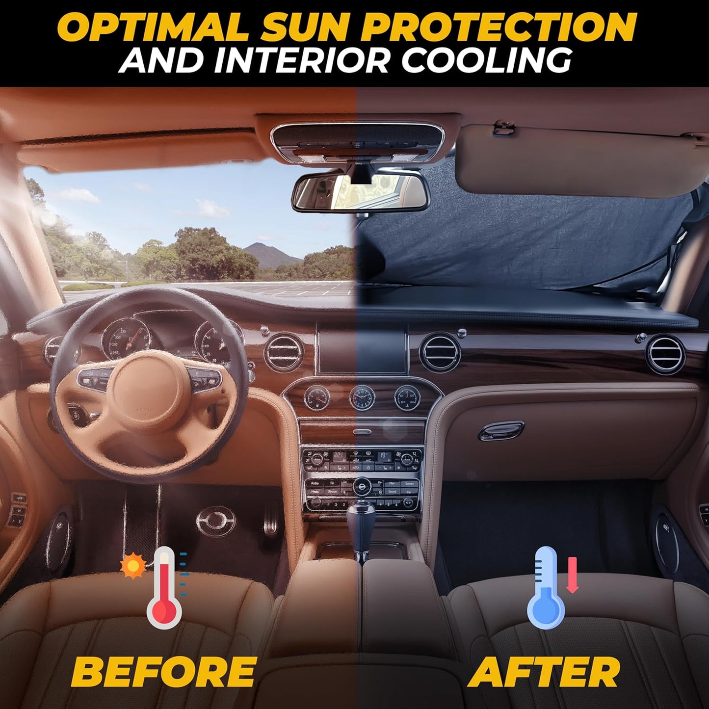 Windshield Sun Shade for Car, SUV & Truck – Patented Design Blocks 99% UV Rays & Heat | 240T Reflective Polyester Sunshade with Storage Bag | Keeps Vehicle Interior Cool | Universal Fit (64" x 33.5")