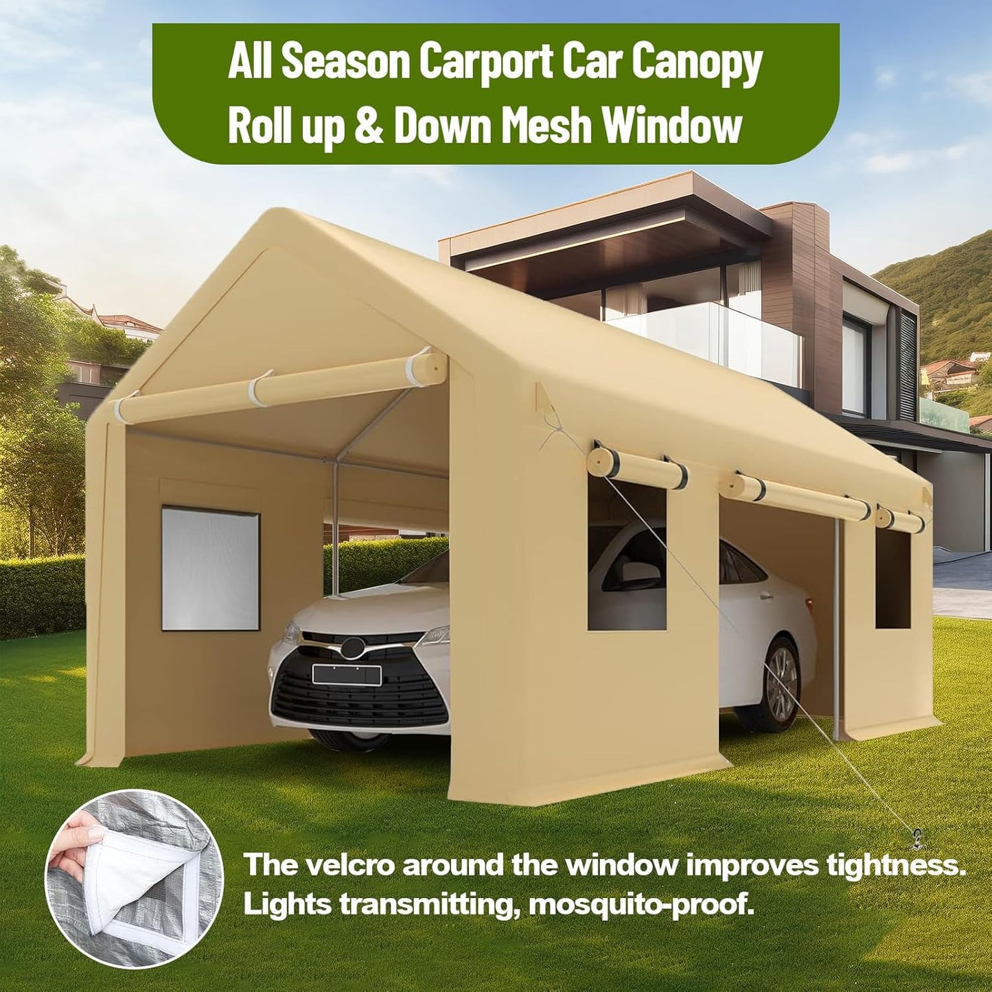 10 x 20ft Heavy-Duty Carport with Roll-Up Windows & Removable Sidewalls & Doors Thickened Wind Ropes, Ground Nails, Portable Car Tent Garage for Cars, Trucks, Boats, 180G Durable Tarp Cover,Yellow