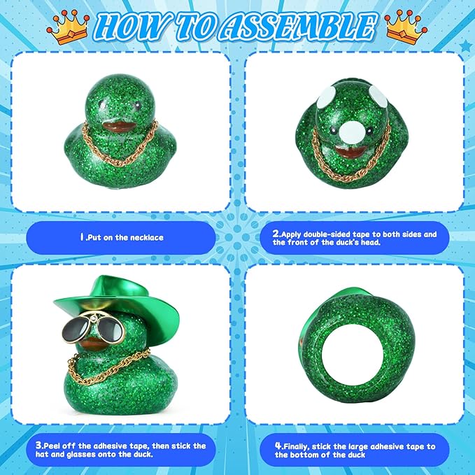 BOZILY Glitter Rubber Ducks with Cowboy Hat & Diamond Sunglasses - Car Dashboard Decor for Adults, DIY Accessory with Gold Necklace and Double-Sided Tape, Green, Squeaky Sound Decoration