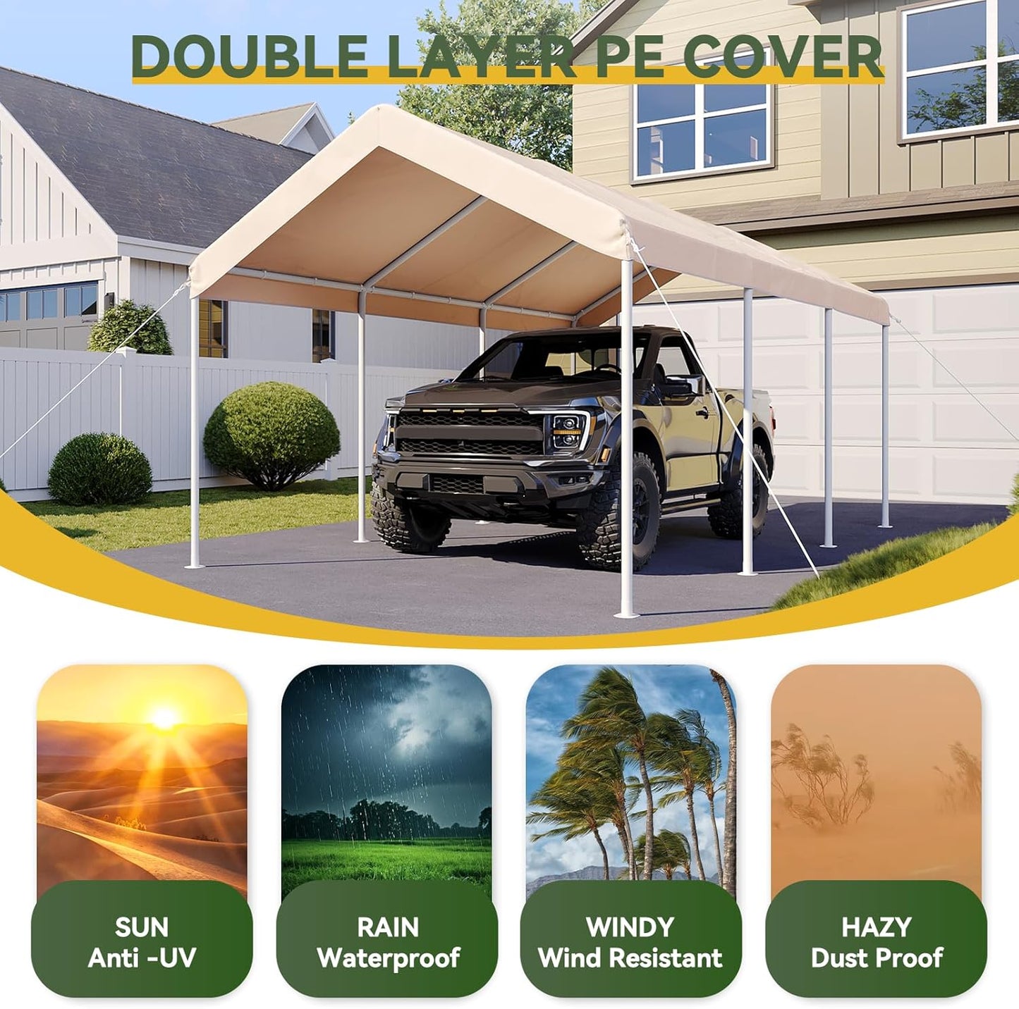 Aoxun 10x20 ft Heavy Duty Carport with Tarp & Wind Resistance Portable Carport Car Tent Outdoor Car Port with Tear Resistant Canopy, No Sidewall - Khaki