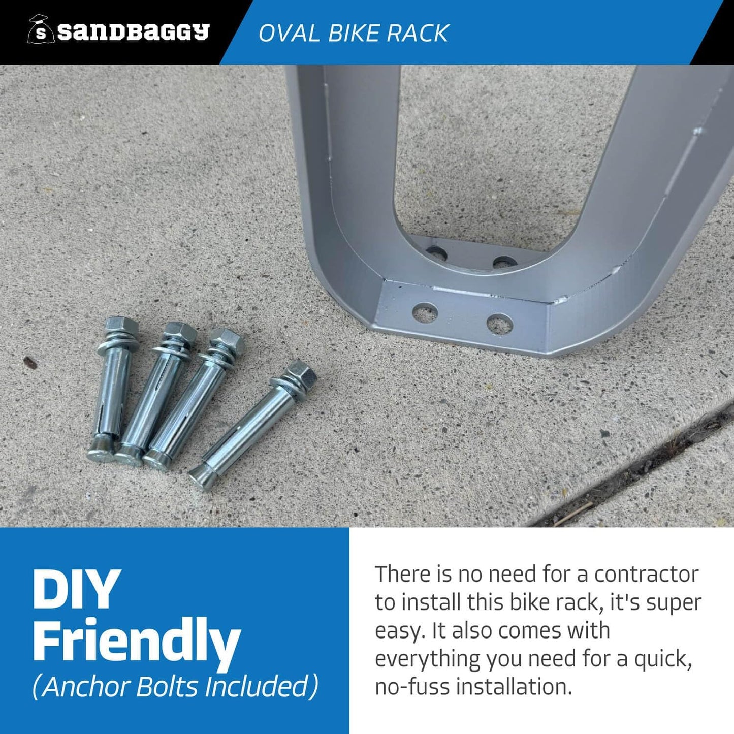 Sandbaggy Modern Commercial Bike Rack | 6.5” x 3” x 35” Oval Design | In-Ground | Anchor Bolts Included (Black, 1)