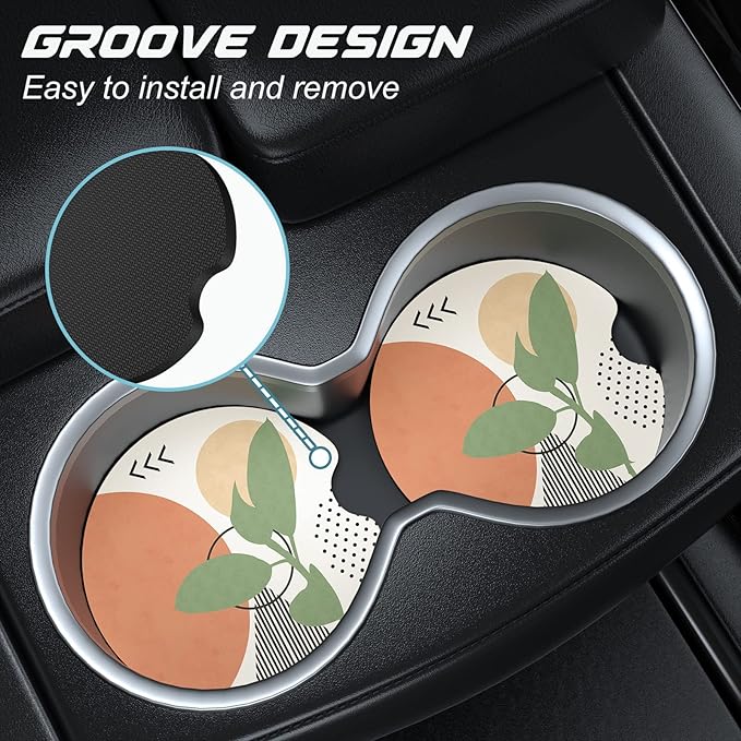 Car Cup Holder Coasters, 2 Pack Universal Auto Anti Slip Insert Coaster with A Finger Notch, Cute Car Assecories for Women Men, Cup Mat for Most Interior, Modern Abstract Art