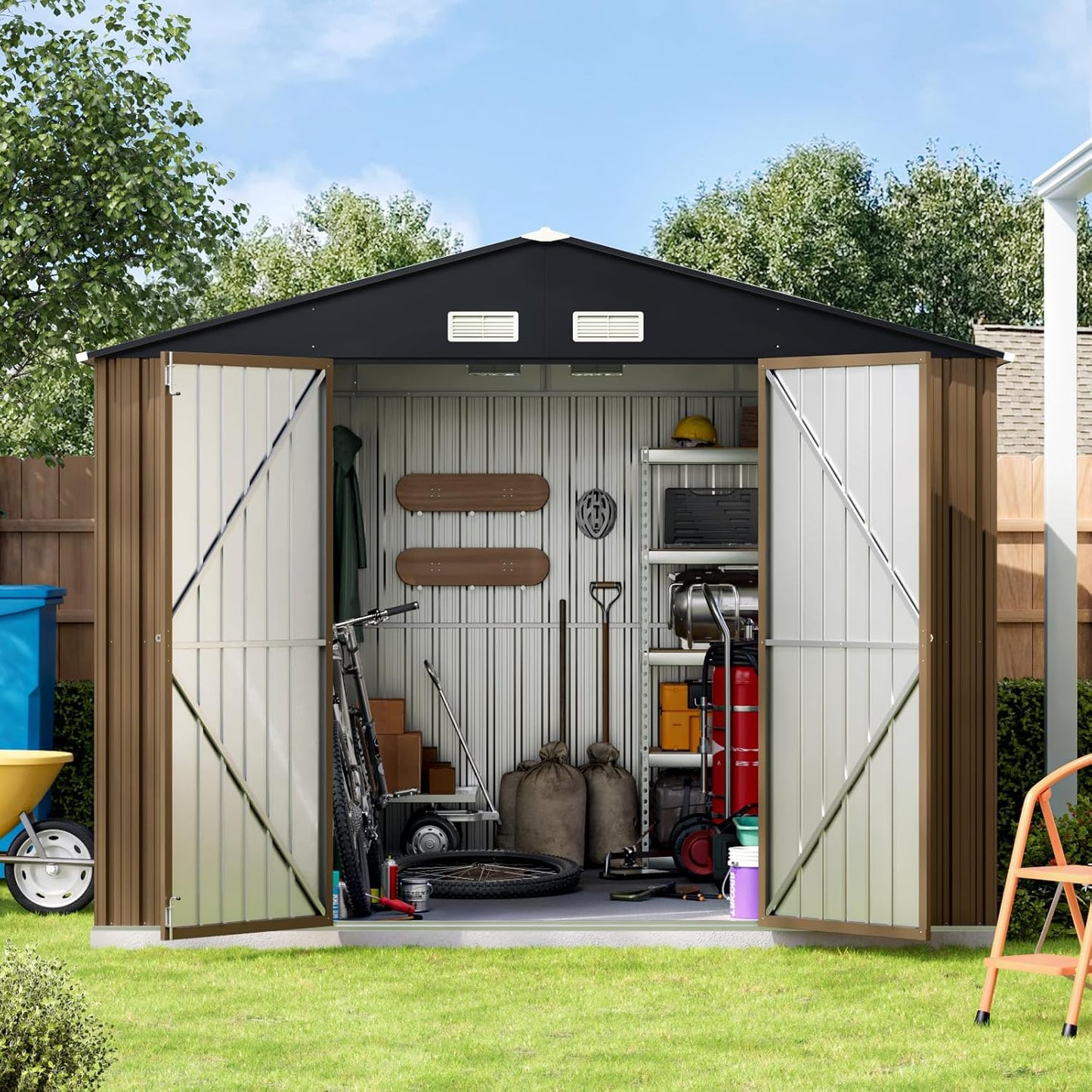 10X10X7.5 FT Outdoor Steel Storage Shed with Lockable Doors, 2 Windows, Metal Frame Floor (Wood Panels Not Included), Ideal for Backyard, Patio Storage,Chicken Coop, Brown