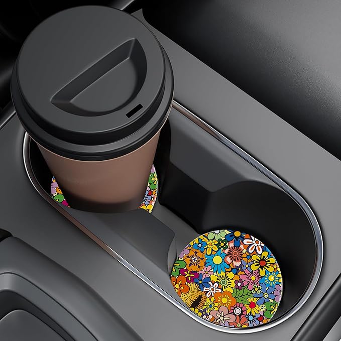 Bright Colorful Flowers Car Cup Holder Coaster, Car Coasters for Cup Holder, 2 Pack Vivid Spring Floral Anti-Slip Absorbent Ceramic Car Cup Coasters with Finger Notch Cork Base for Women Men 2.56"