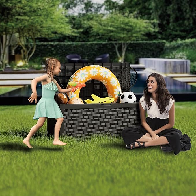 Heavy-Duty 100 Gallon Outdoor Storage Box - All-Weather Patio & Garden Storage Box Waterproof, Lockable Resin Deck Chest for Pool Accessories, UV-Resistant, Obsidian Black