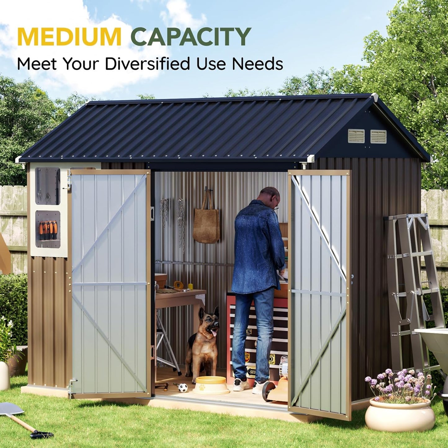 Breezz 6X8FT Outdoor Steel Storage Shed with Frame Floor,Clear Window, Lockable Doors, Weather-Resistant Metal Tool Shed for Garden, Backyard, Patio, and Utility Storage Brown