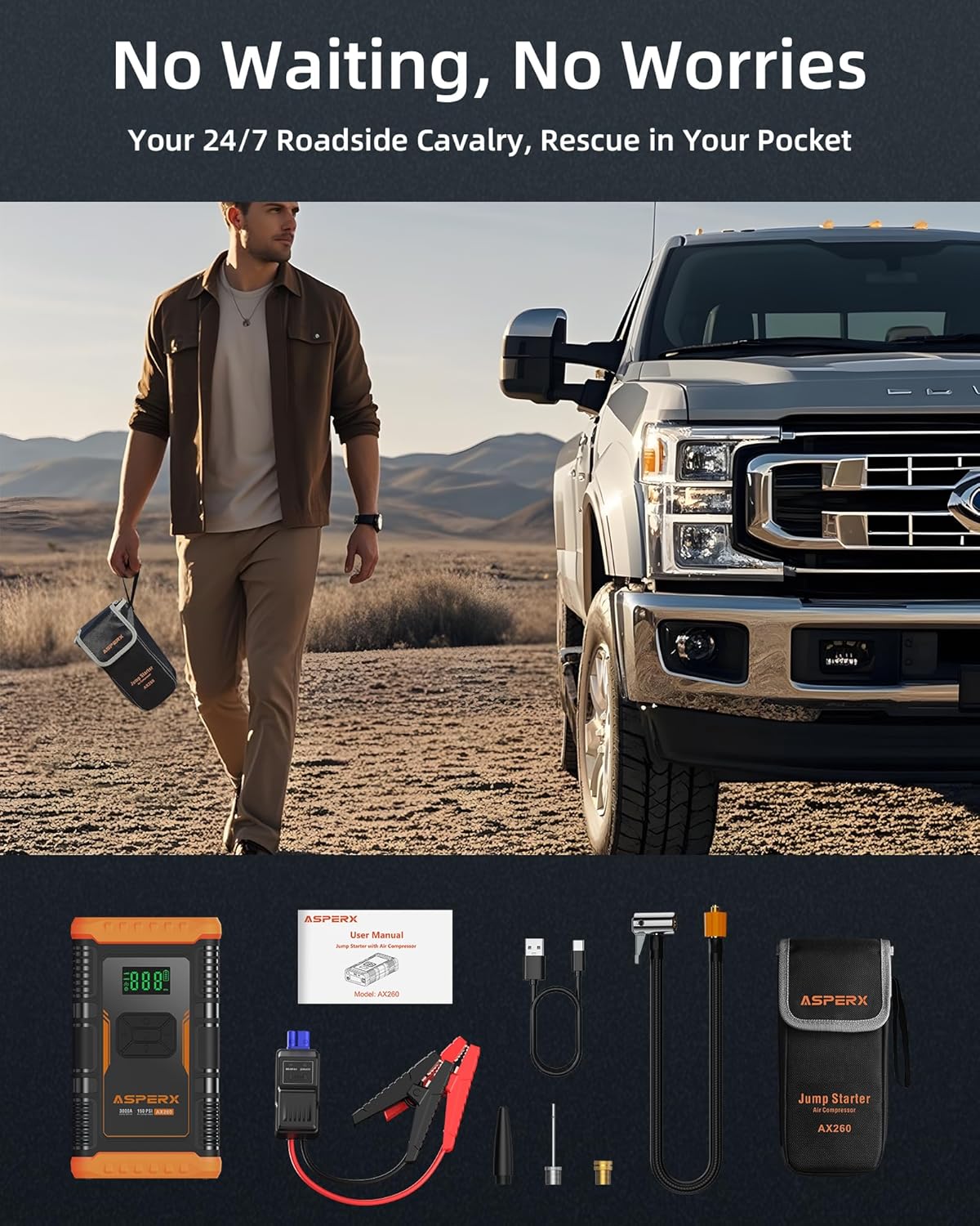 ASPERX Jump Starter with Air Compressor,【Upgrade & Safety Certs】10L Gas/8L Diesel(Almost All Cars) 12V Jumper Box Car Battery Jumper Starter Portable with Tire Inflator, Jumper Cables, Display & Light