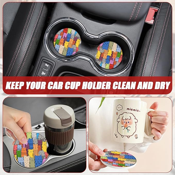 Colorful Cat Car Coasters for Cup Holders, Cat Lover Absorbent Ceramic Car Coaster Car Cup Holder Coaster Car Accessories for Women Men (2 Pack)