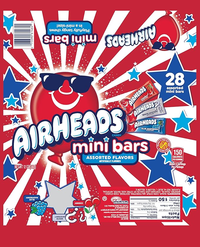 Airheads Candy Mini Bars, Red, White, & Blue, Assorted Flavors Variety Bag, Party, Non-Melting, 12 oz Bag