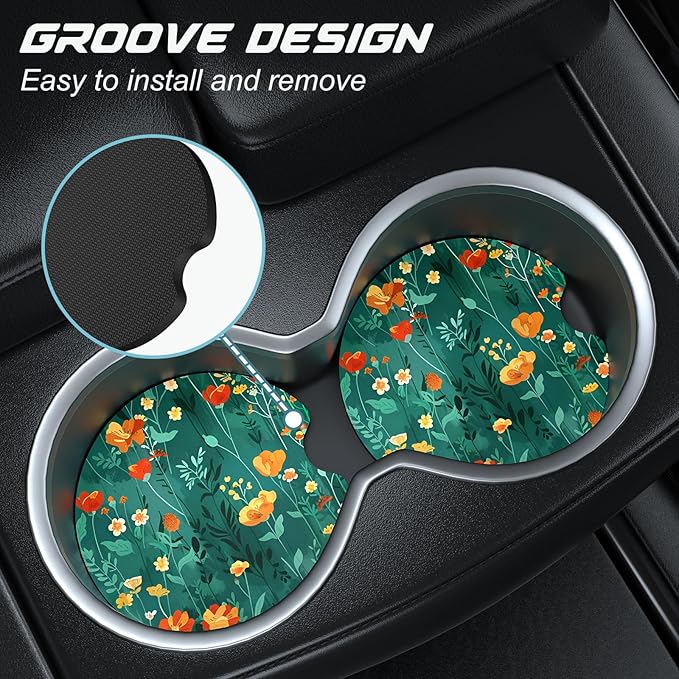 Car Cup Holder Coasters, 2 Pack Universal Auto Anti Slip Insert Coaster with A Finger Notch, Cute Car Assecories for Women Men, Cup Mat for Most Interior, Beautiful Flowers