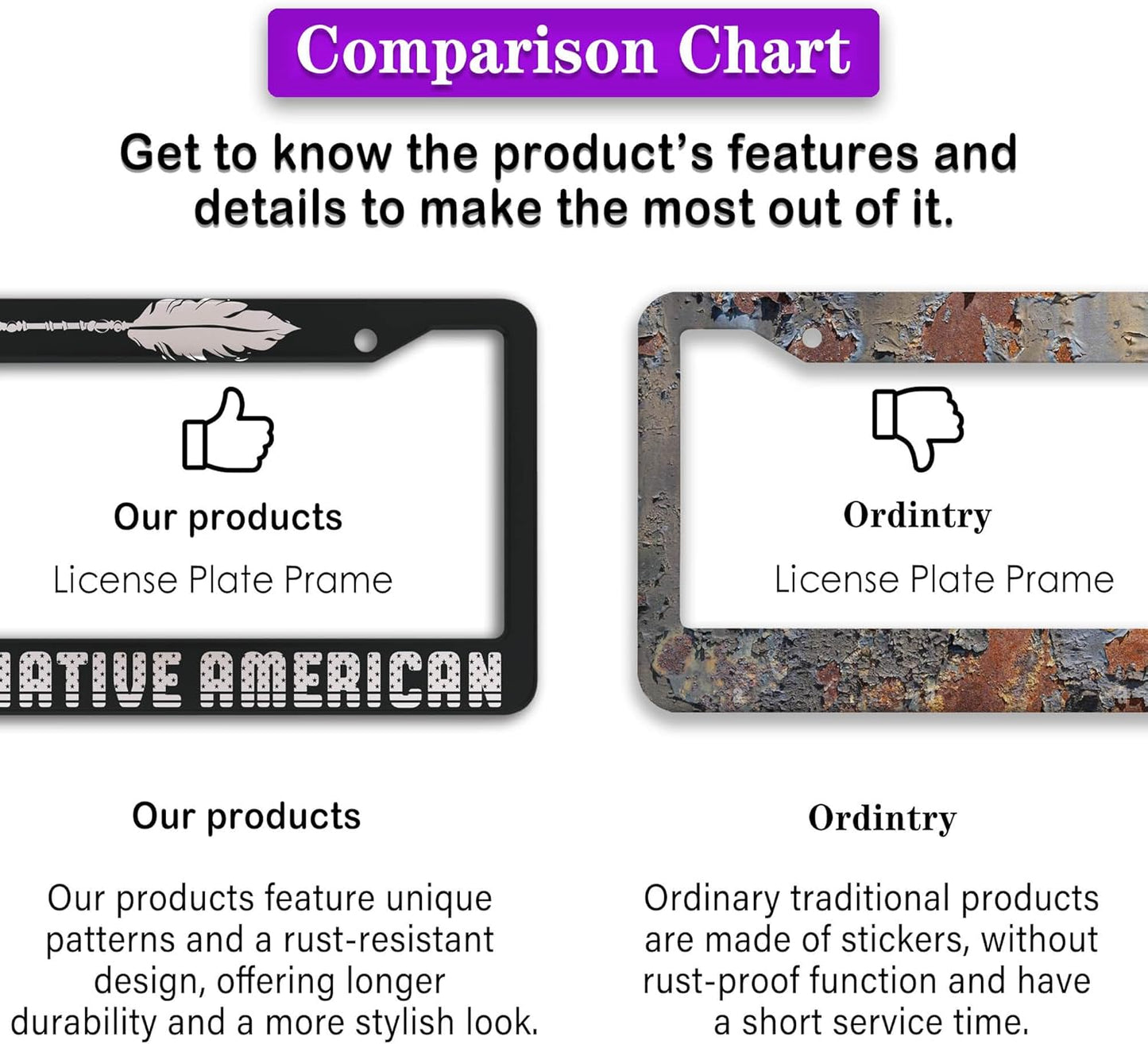 License Plate Frames Black and White License Plate Holder Proud Native American Universal Aluminum Car Accessory 2 Pack with Screw Covers Set