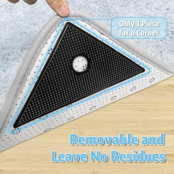 4 Pcs Carpet Tape, Reusable Anti Slip Rug Grips, Big Anti Slip Rug Pads Keep Corners Flat, Washable Carpet Tape for Area Rugs, Rug Stickers for Wood Floor (Black)