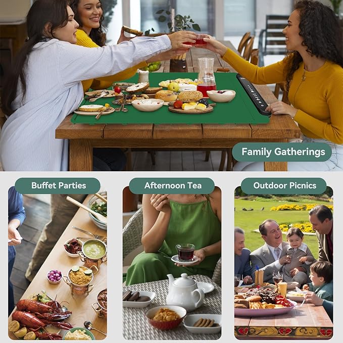 Food Warming Mat Electric Tray: Adjustable Silicone Heating Pad with 3 Temperature Settings 4 Timer Function Portable Roll Up Hot Plate for Buffets Party Gatherings Kitchen Warmer Countertop Green