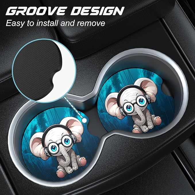 Car Cup Holder Coasters, 2 Pack Universal Auto Anti Slip Insert Coaster with A Finger Notch, Cute Car Assecories for Women Men, Cup Mat for Most Interior, Pretty Elephant