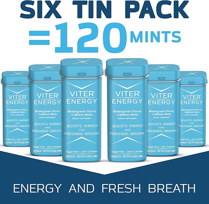 Viter Energy Caffeinated Mints 40mg Caffeine, B Vitamins, Sugar Free. (Wintergreen, 20pcs, 6 Pack)
