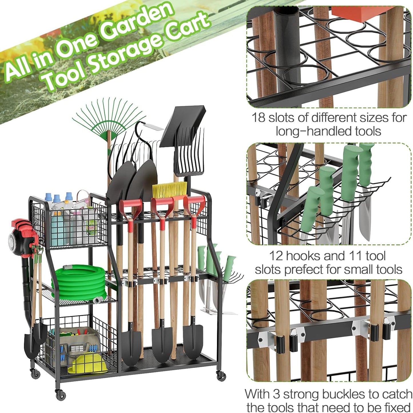 Garden Tool Organizer for Garage, 3 Tier Utility Yard Tool Organizer and Storage Holder with Wheels, Large Garden Tool Rack with Extra Storage Basket for Shed/Garage/Yard/Basement/Lawn