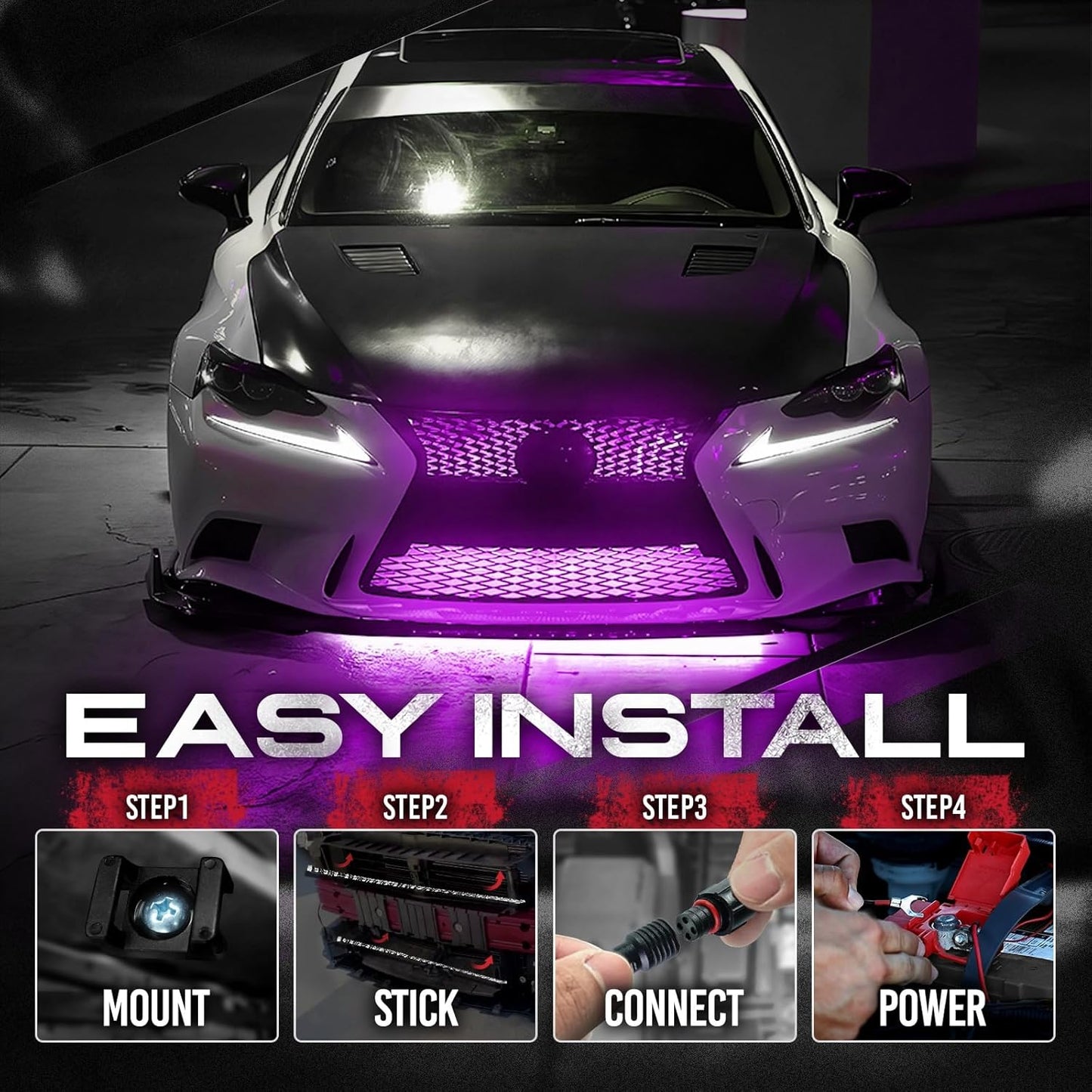 OPT7 Aura Pro RGB LED Grille Lights with App & Remote Control, 4pcs 12" Light Strips, Waterproof Front Grill Valence, Music Sync, Multi-Color Exterior Lighting Kit, Universal for Cars Trucks Vans SUV