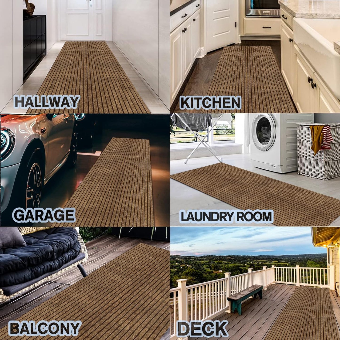 Custom Size Backed Non-Slip Area Rugs Runner, Easy Clean, Waterproof Runner Rugs for Hallway Entryway, Kitchen, Laundry, 3FT x 55FT, Brown Stripe