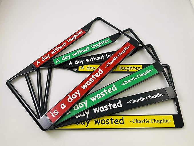 Custom Personalized Black Powder-Coated Metal Laser Engraved Standard Size - Car/Automobile License Plate Frame with Free caps - Blue/White Text (Qty: 1 Frame)