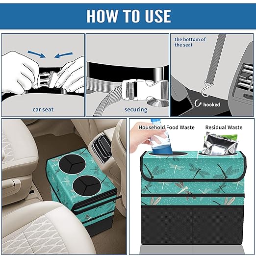 Car Trash Can Green Dragonfly Large Storage Garbage Can with Lid Hanging for Back Seat Leakproof Automotive Vehicle Trash Bin