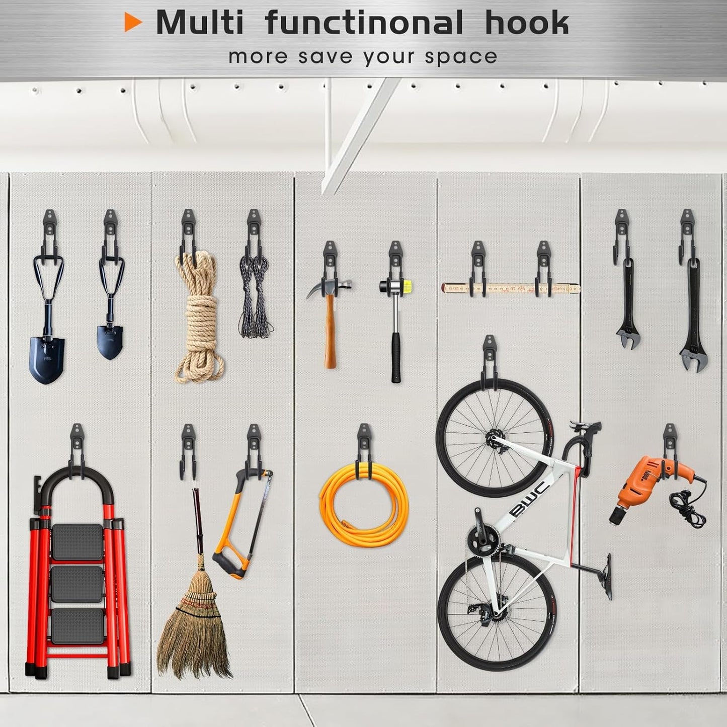 Garage Hanging Hooks Wall Mount, Garage Tool Storage Hooks, Wall Hangers for Hose, Tools, Garden Equipment, Ladder, Bikes, Broom and mop, Balck