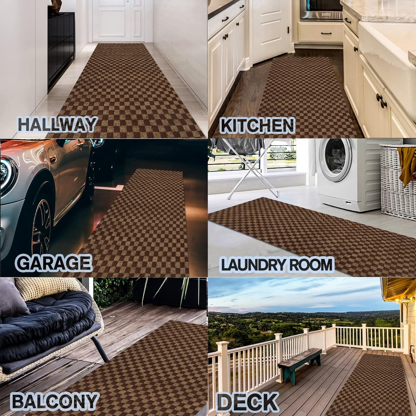 Custom Size Backed Non-Slip Area Rugs Runner, Easy Clean, Waterproof Runner Rugs for Hallway Entryway, Kitchen, Laundry, 4FT x 16FT, Brown Checkered